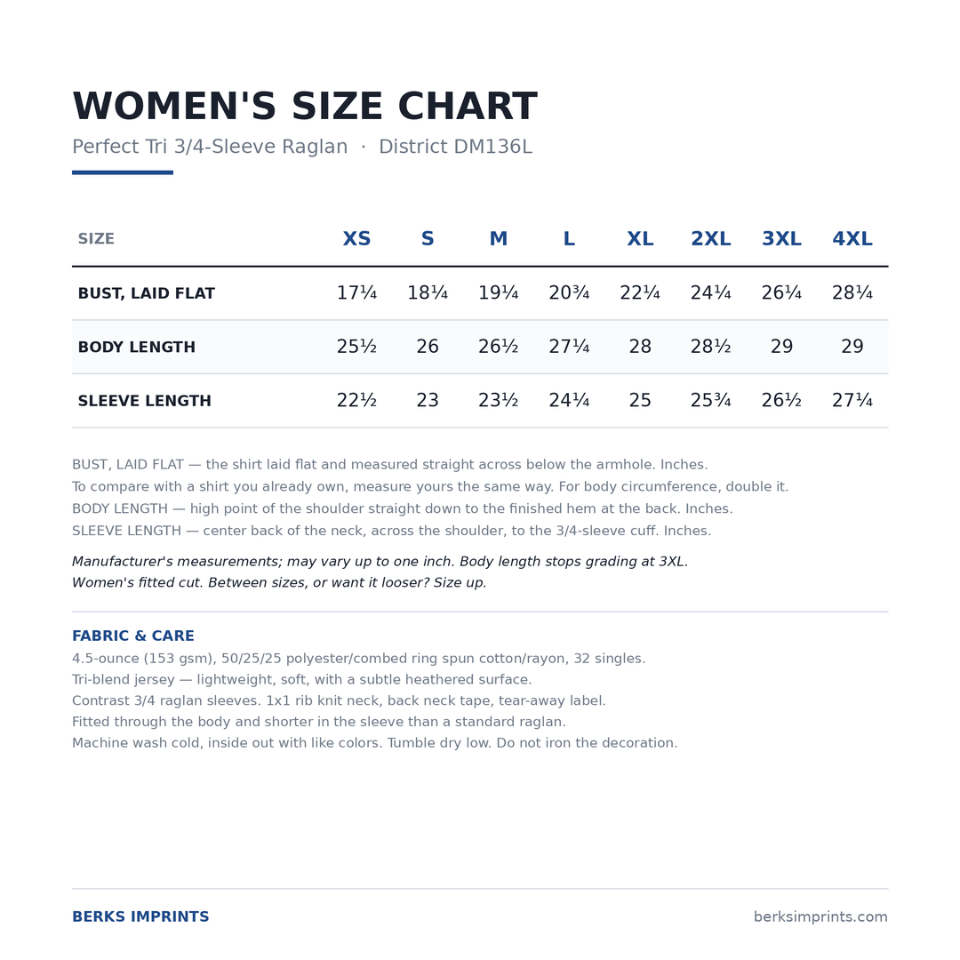 Size chart for the District DM136L Perfect Tri 3/4-sleeve raglan, women&