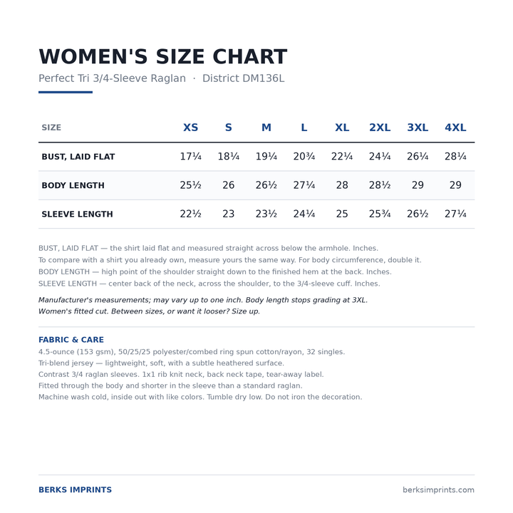 Size chart for the District DM136L Perfect Tri 3/4-sleeve raglan, women&