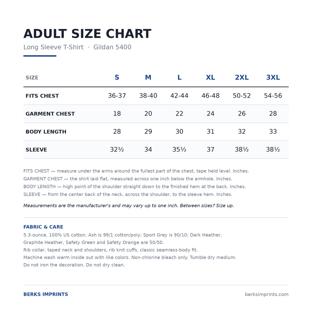 Adult size chart for the Gildan 5400 heavy cotton long sleeve t-shirt, Small through 3XLarge, with chest, body length and sleeve measurements