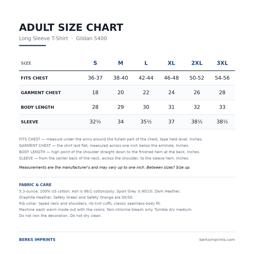 Adult size chart for the Gildan 5400 heavy cotton long sleeve t-shirt, sizes Small through 3XLarge, with fits chest, garment chest, body length and sleeve measurements plus fabric and care details