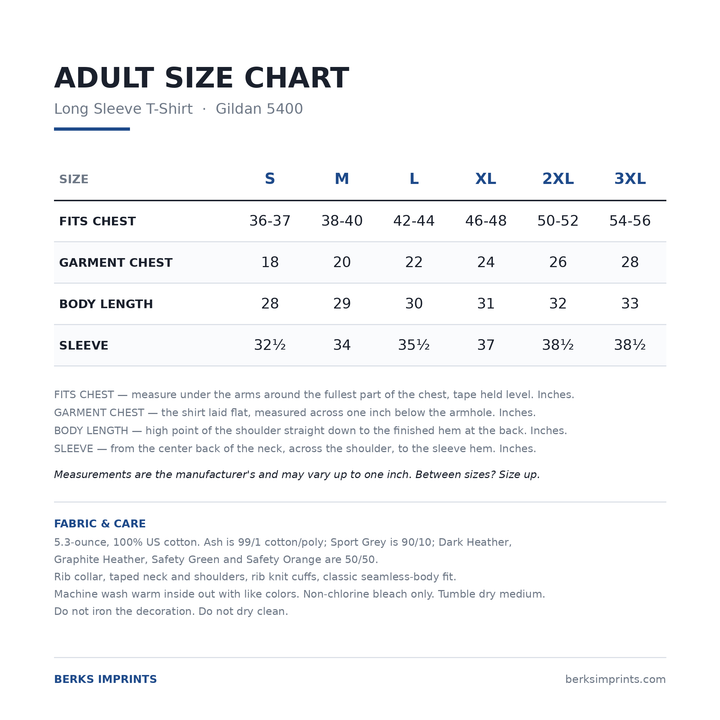 Adult size chart for the Gildan 5400 heavy cotton long sleeve t-shirt, sizes Small through 3XLarge, with fits chest, garment chest, body length and sleeve measurements plus fabric and care details