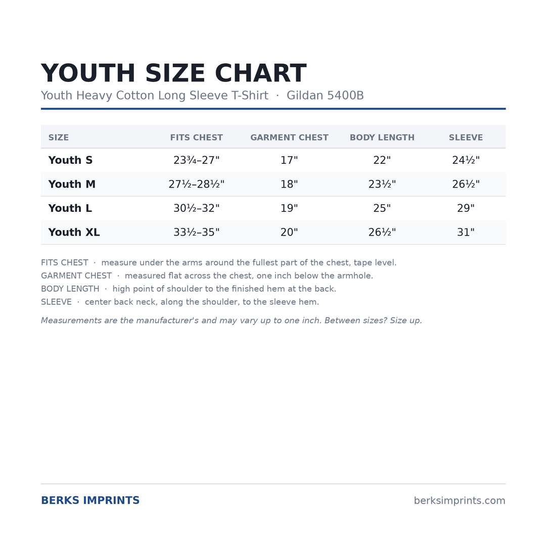 Youth size chart for the Gildan 5400B heavy cotton long sleeve t-shirt, youth Small through XLarge