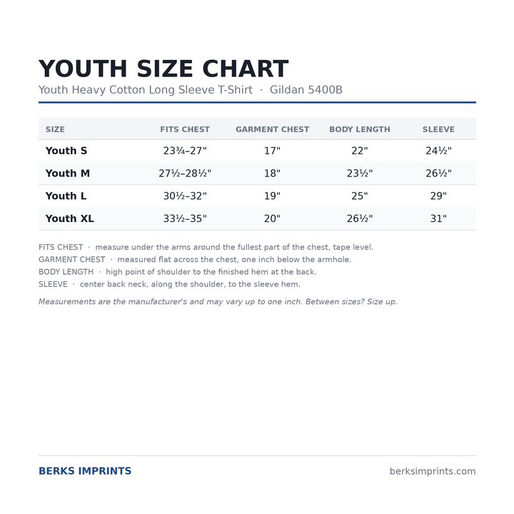 Youth size chart for the Gildan 5400B heavy cotton long sleeve t-shirt, youth Small through XLarge