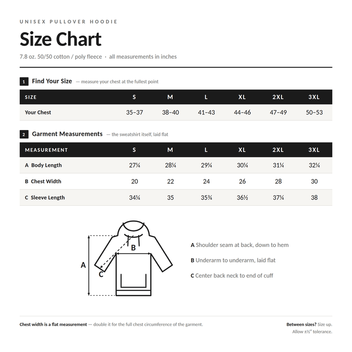 Adult hoodie size chart, sizes S through 3XL
