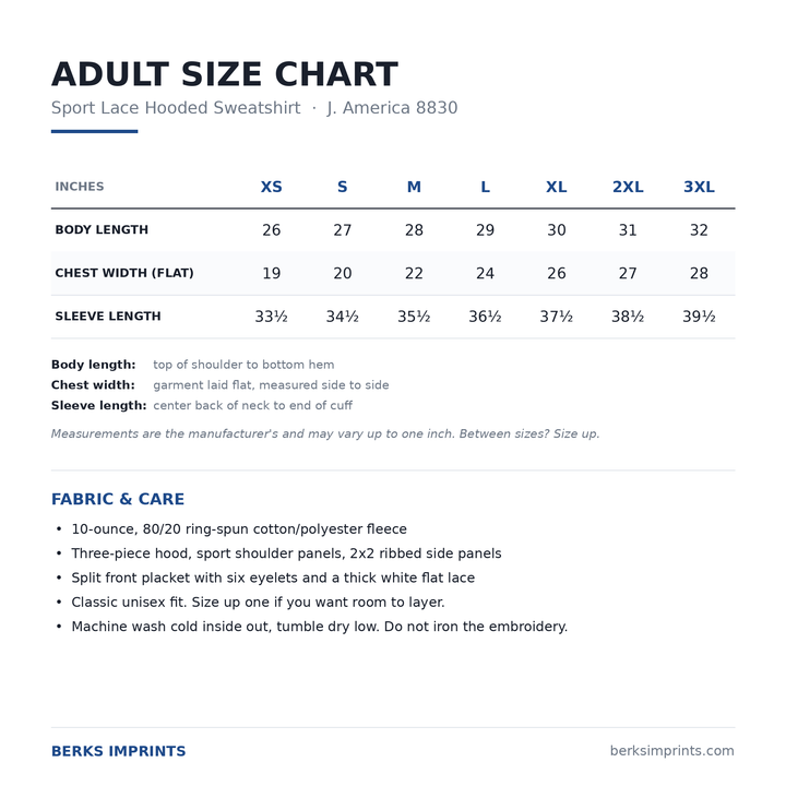 Adult size chart for the J. America 8830 sport lace hoodie, XS to 3XL, with body length, chest width and sleeve length in inches