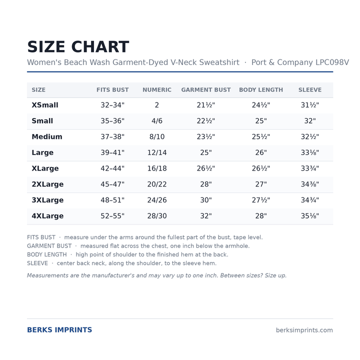 Size chart for the Port &amp; Company LPC098V women&