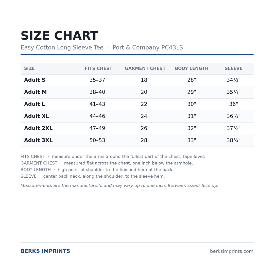 Size chart for the Port &amp; Company PC43LS Easy Cotton long sleeve tee, adult Small through 3XLarge