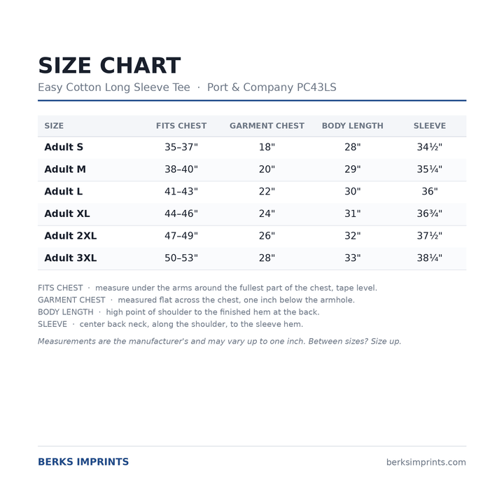 Size chart for the Port &amp; Company PC43LS Easy Cotton long sleeve tee, adult Small through 3XLarge