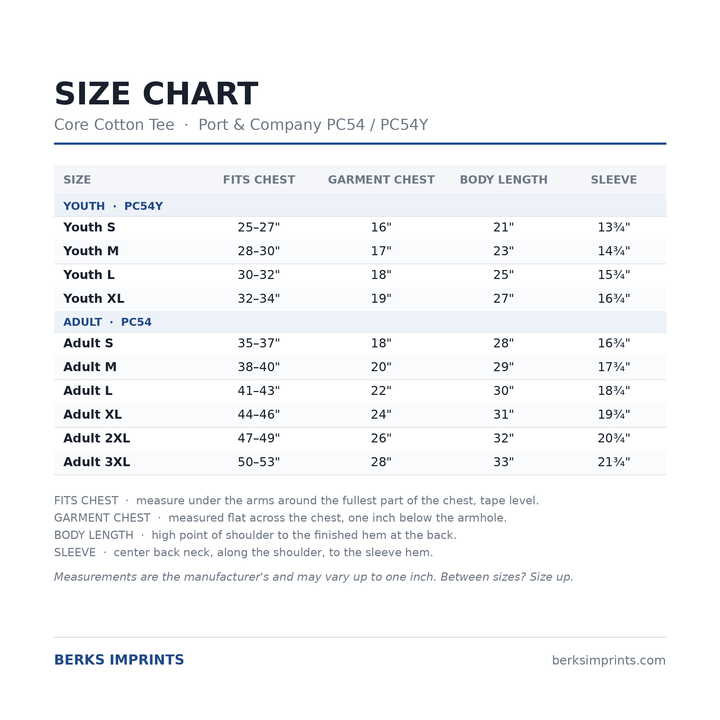 Size chart for the Port &amp; Company PC54 and PC54Y Core Cotton tee, youth Small through XLarge and adult Small through 3XLarge