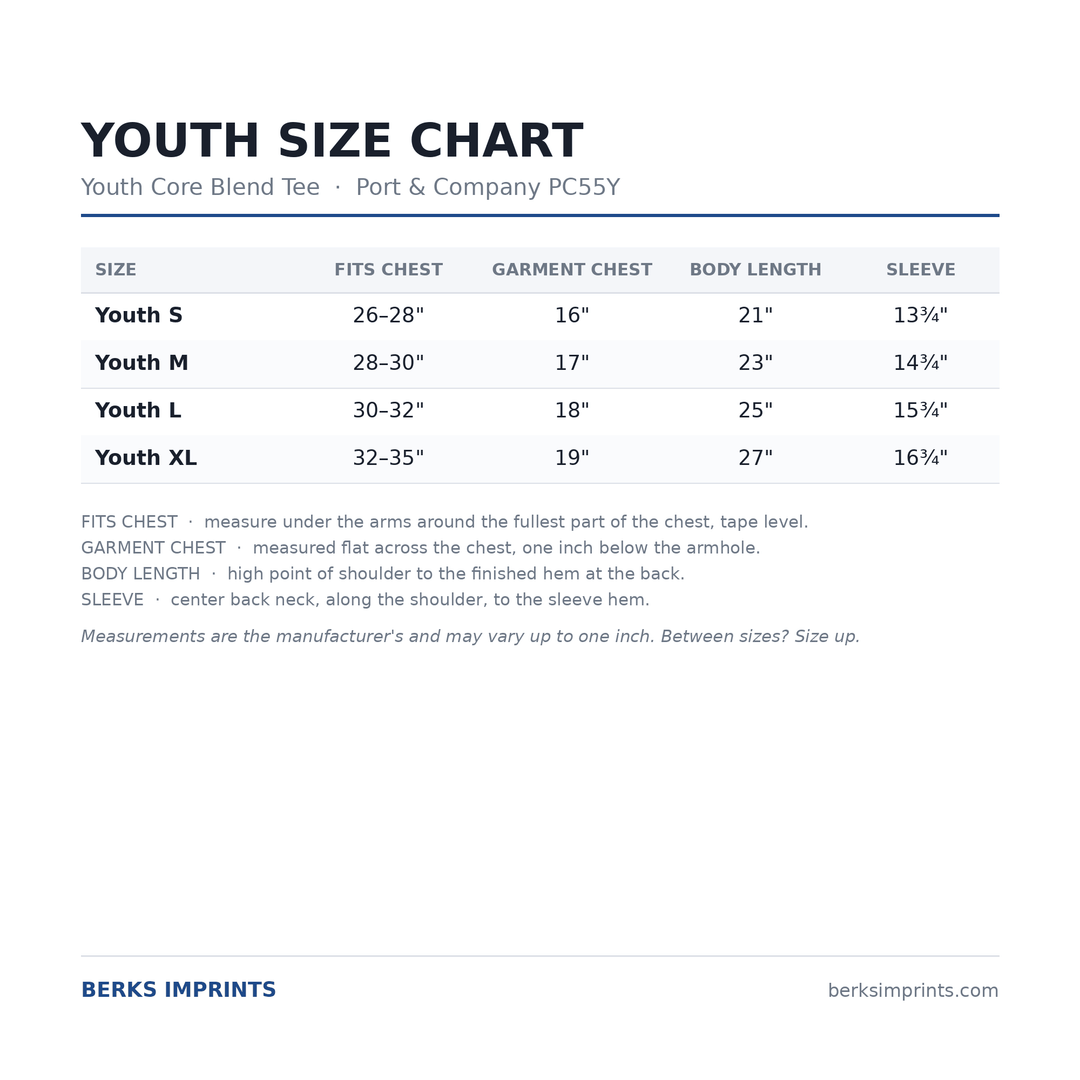 Youth size chart for the Port &amp; Company PC55Y Core Blend tee, youth Small through XLarge, with chest, body length and sleeve measurements
