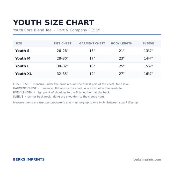 Youth size chart for the Port &amp; Company PC55Y Core Blend tee, youth Small through XLarge, with chest, body length and sleeve measurements
