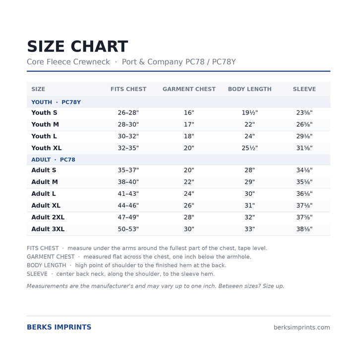 Size chart for the Port &amp; Company PC78 and PC78Y Core Fleece crewneck sweatshirt, youth Small through XLarge and adult Small through 3XLarge