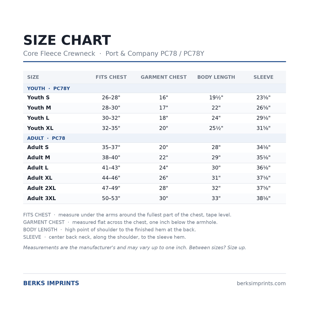 Size chart for the Port and Company PC78 and PC78Y Core Fleece crewneck sweatshirt, youth Small through XLarge and adult Small through 3XLarge