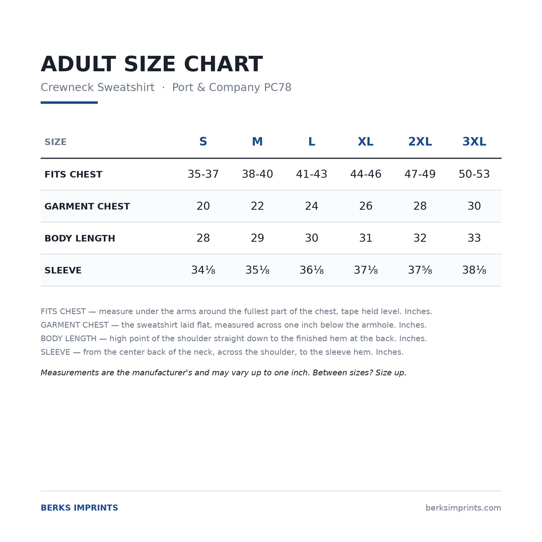 Size chart for the Port and Company PC78 Core Fleece crewneck sweatshirt, adult Small through 3XLarge, with chest, body length and sleeve measurements