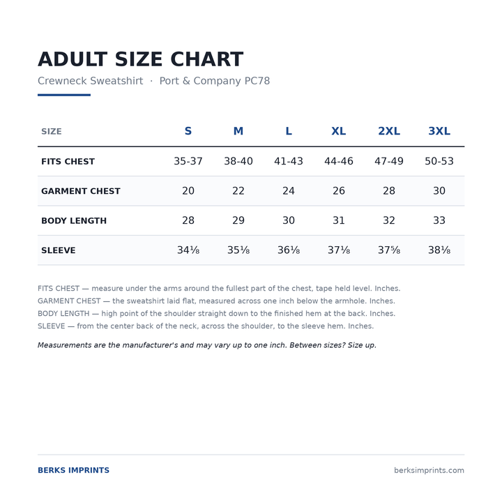 Size chart for the Port and Company PC78 Core Fleece crewneck sweatshirt, adult Small through 3XLarge, with chest, body length and sleeve measurements