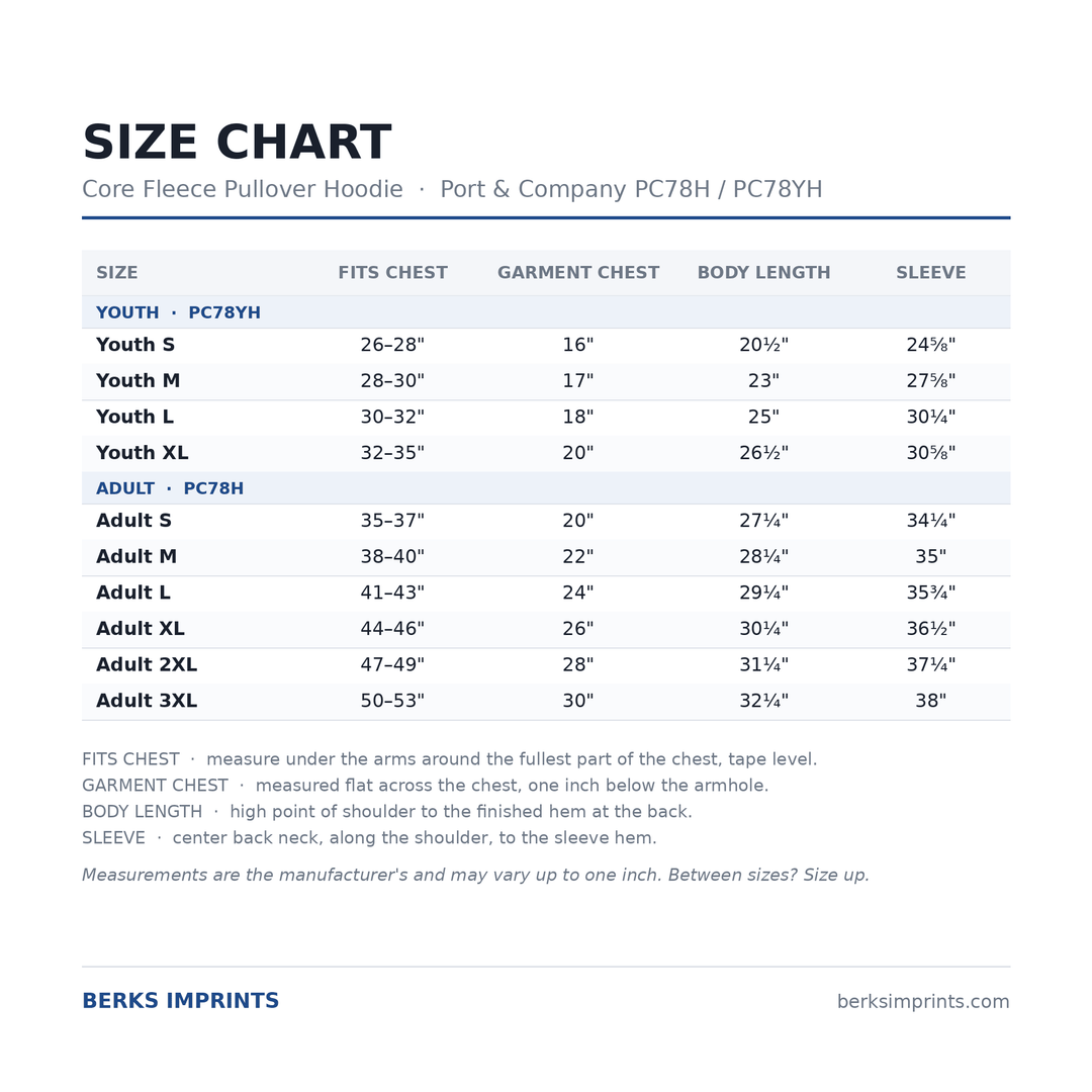 Size chart for the Port &amp; Company PC78H Core Fleece pullover hoodie, adult Small through 3XLarge, with chest, body length and sleeve measurements
