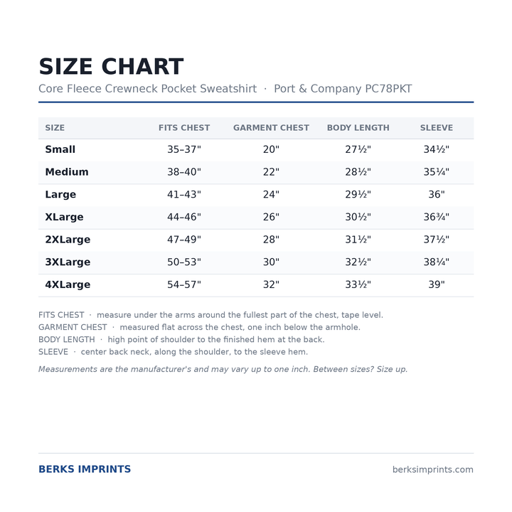 Size chart for the Port &amp; Company PC78PKT Core Fleece crewneck pocket sweatshirt, adult Small through 4XLarge, with chest, body length and sleeve measurements