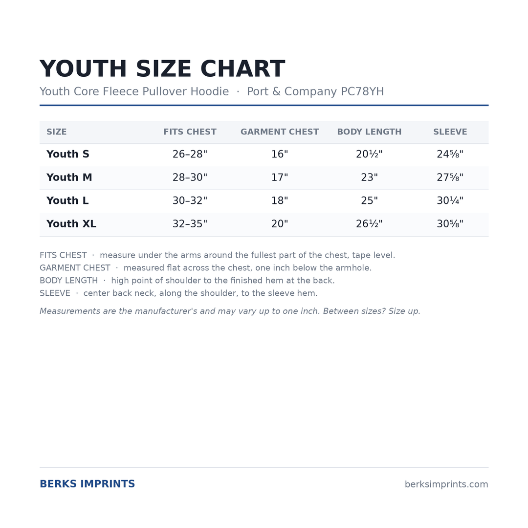 Youth size chart for the Port &amp; Company PC78YH Core Fleece pullover hoodie, youth Small through XLarge