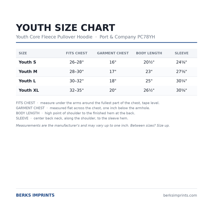 Youth size chart for the Port &amp; Company PC78YH Core Fleece pullover hoodie, youth Small through XLarge