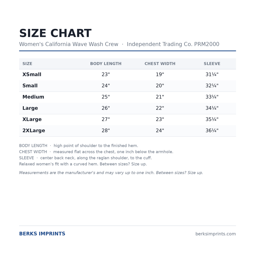 Size chart for the Independent Trading Co PRM2000 women&