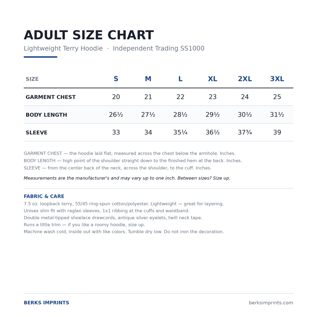 Size chart for the adult lightweight terry hoodie, Small through 3XLarge