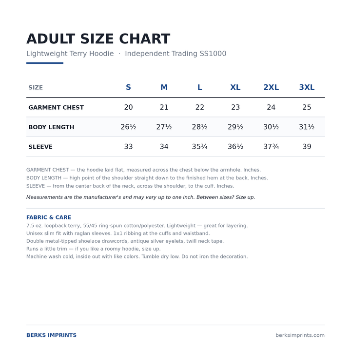 Size chart for the adult lightweight terry hoodie, Small through 3XLarge