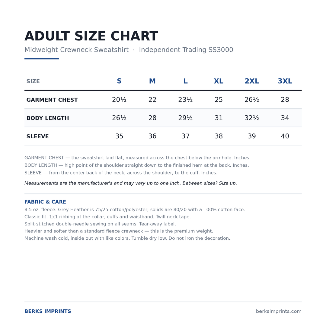 Size chart for the Independent Trading SS3000 midweight crewneck sweatshirt, adult Small through 3XLarge, with chest, body length and sleeve measurements