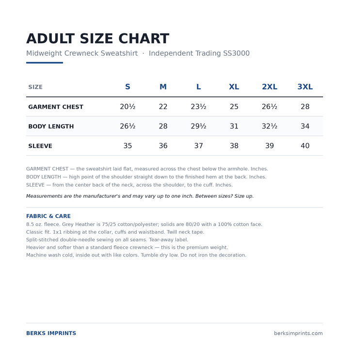Size chart for the Independent Trading SS3000 midweight crewneck sweatshirt, adult Small through 3XLarge, with chest, body length and sleeve measurements