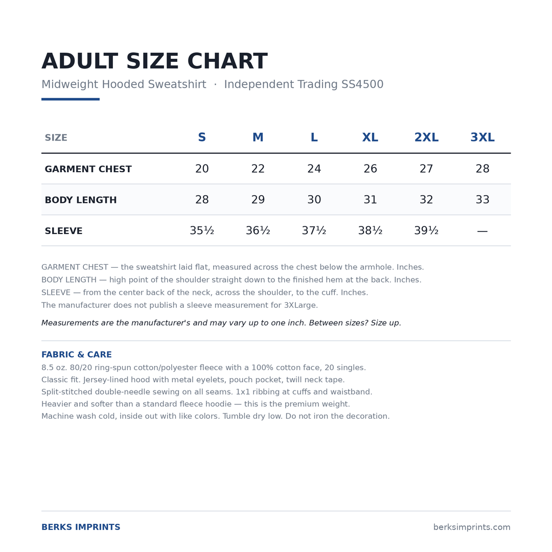 Size chart for the Independent Trading SS4500 midweight hooded sweatshirt, adult Small through 3XLarge, with chest, body length and sleeve measurements