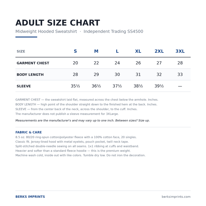 Size chart for the Independent Trading SS4500 midweight hooded sweatshirt, adult Small through 3XLarge, with chest, body length and sleeve measurements
