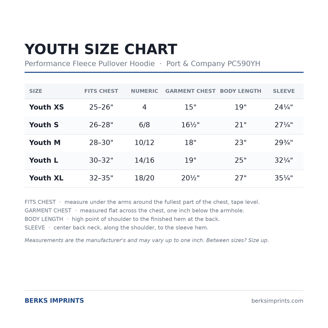 Youth size chart for the Port &amp; Company PC590YH performance fleece pullover hoodie, youth XSmall through XLarge, with chest, body length and sleeve measurements
