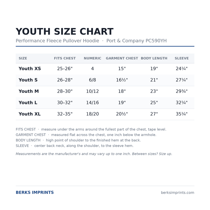 Youth size chart for the Port &amp; Company PC590YH performance fleece pullover hoodie, youth XSmall through XLarge, with chest, body length and sleeve measurements