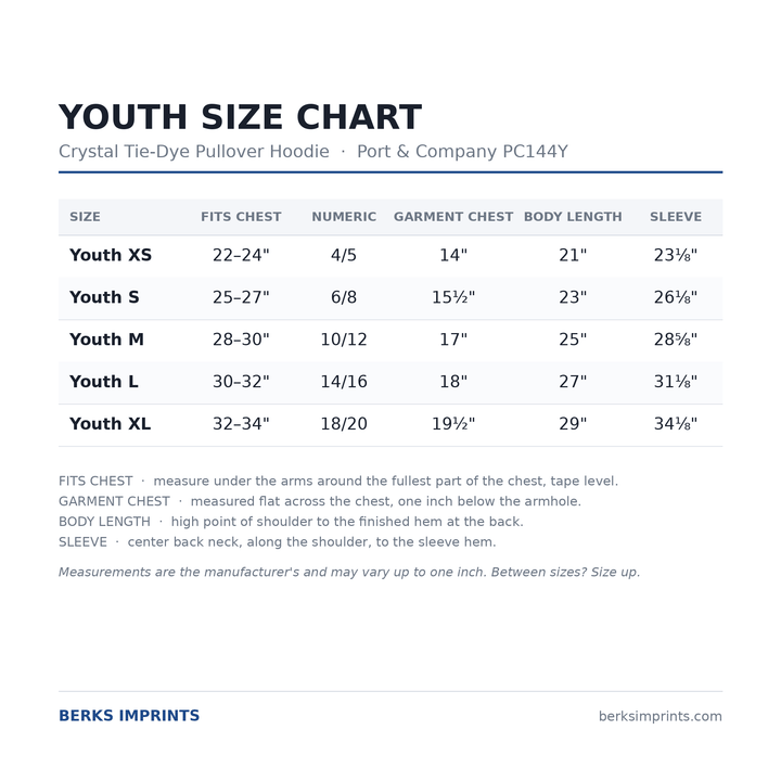 Youth size chart for the Port &amp; Company PC144Y crystal tie-dye pullover hoodie, youth XSmall through XLarge, with chest, body length and sleeve measurements