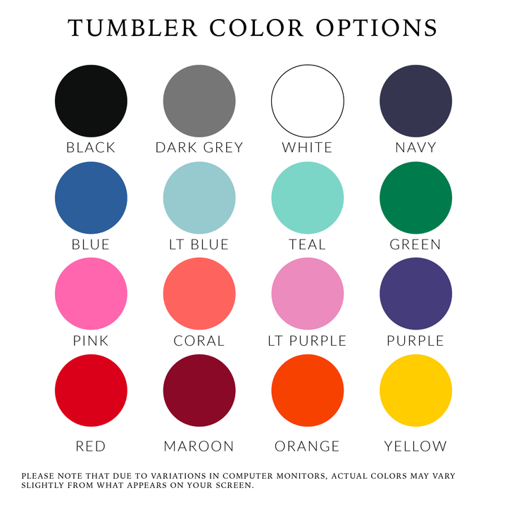 Tumbler color chart showing 16 powder coat colors