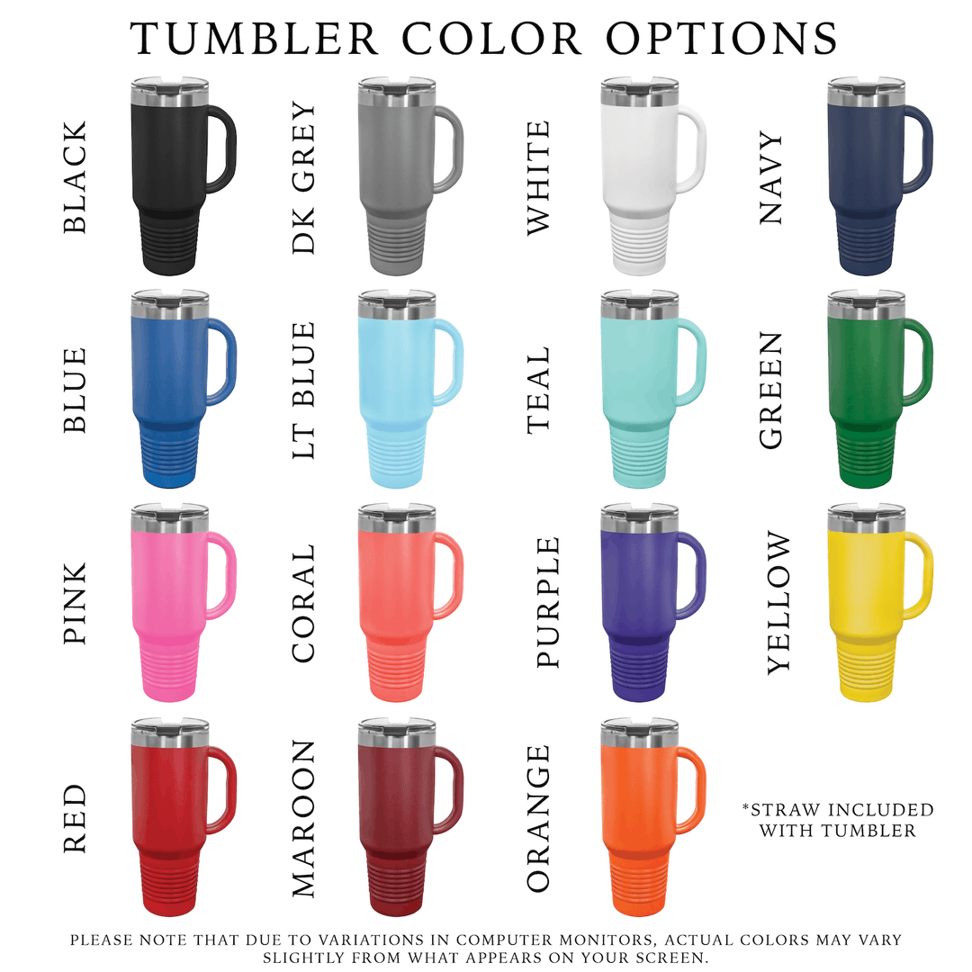 Color options for 40oz insulated tumblers in black, dark grey, white, navy, blue, light blue, teal, green, pink, coral, red, maroon, purple, orange, and yellow with straw included.