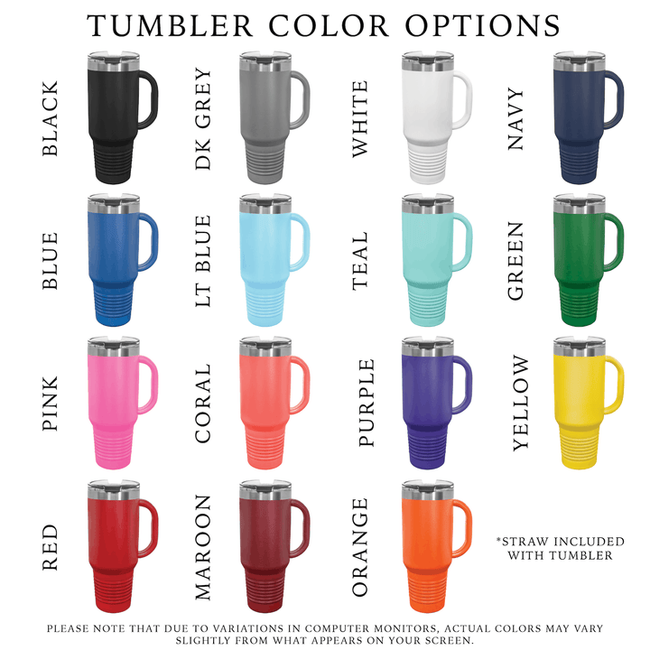 Color options for 40oz insulated tumblers in black, dark grey, white, navy, blue, light blue, teal, green, pink, coral, red, maroon, purple, orange, and yellow with straw included.