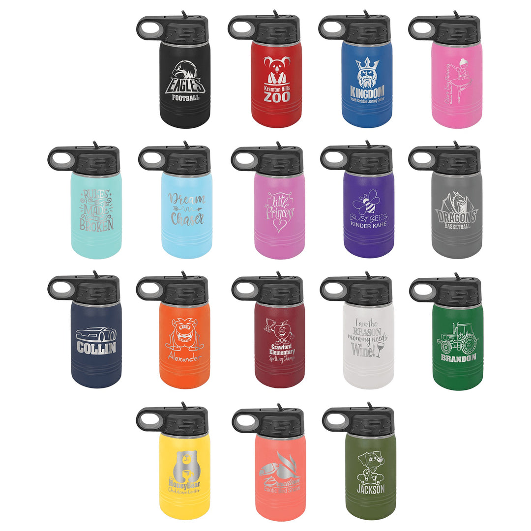 12 oz water bottles in 17 colors engraved with sample names and logos