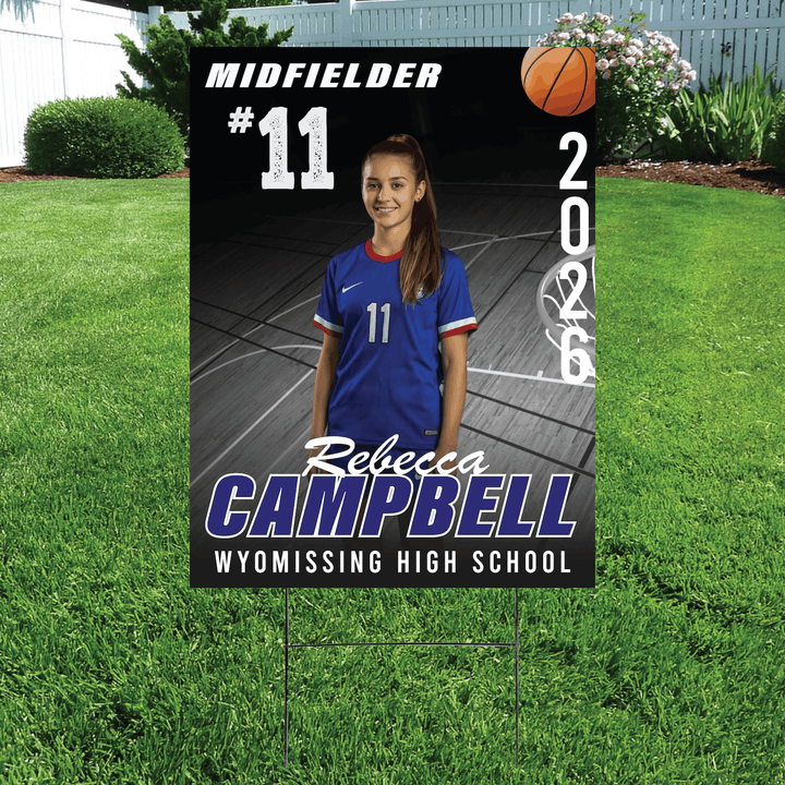 Custom yard sign featuring blue soccer jersey player 