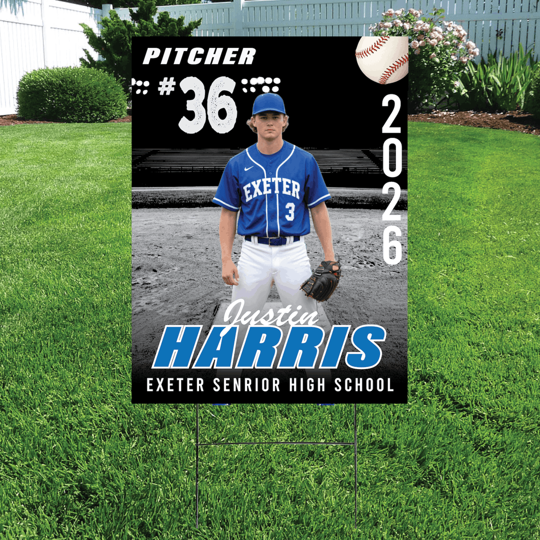 Custom baseball yard sign featuring pitcher number 36 in blue Exeter uniform with player name and senior year 2026, displayed on grass.