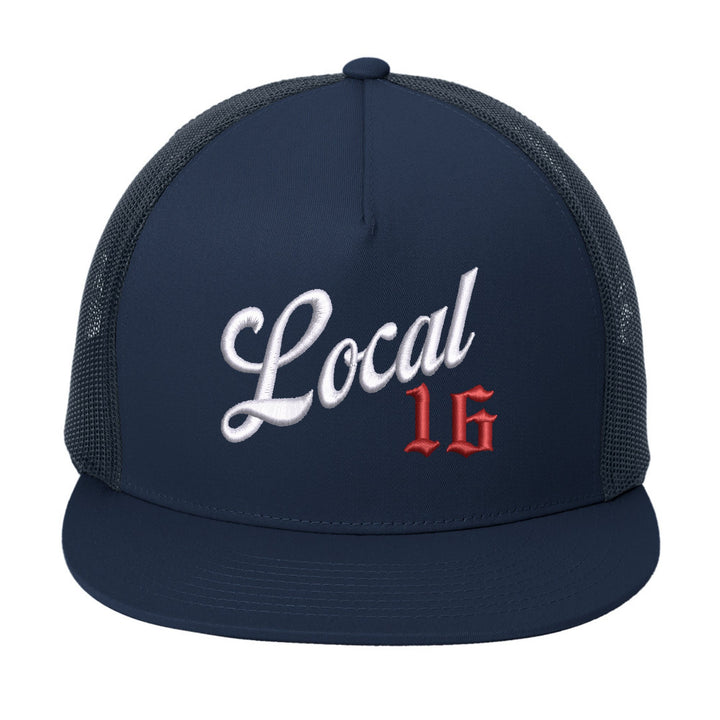 Navy YP Classics STC38 trucker cap with Local union number embroidered in white script and red Old English on the front