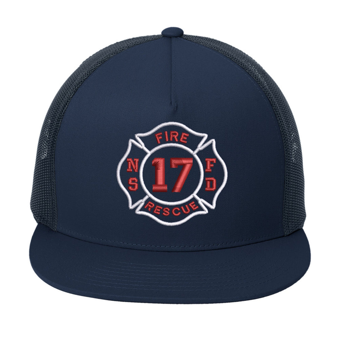 Navy YP Classics STC38 trucker cap with a fire department Maltese cross badge embroidered on the front, department initials and company number in red and white