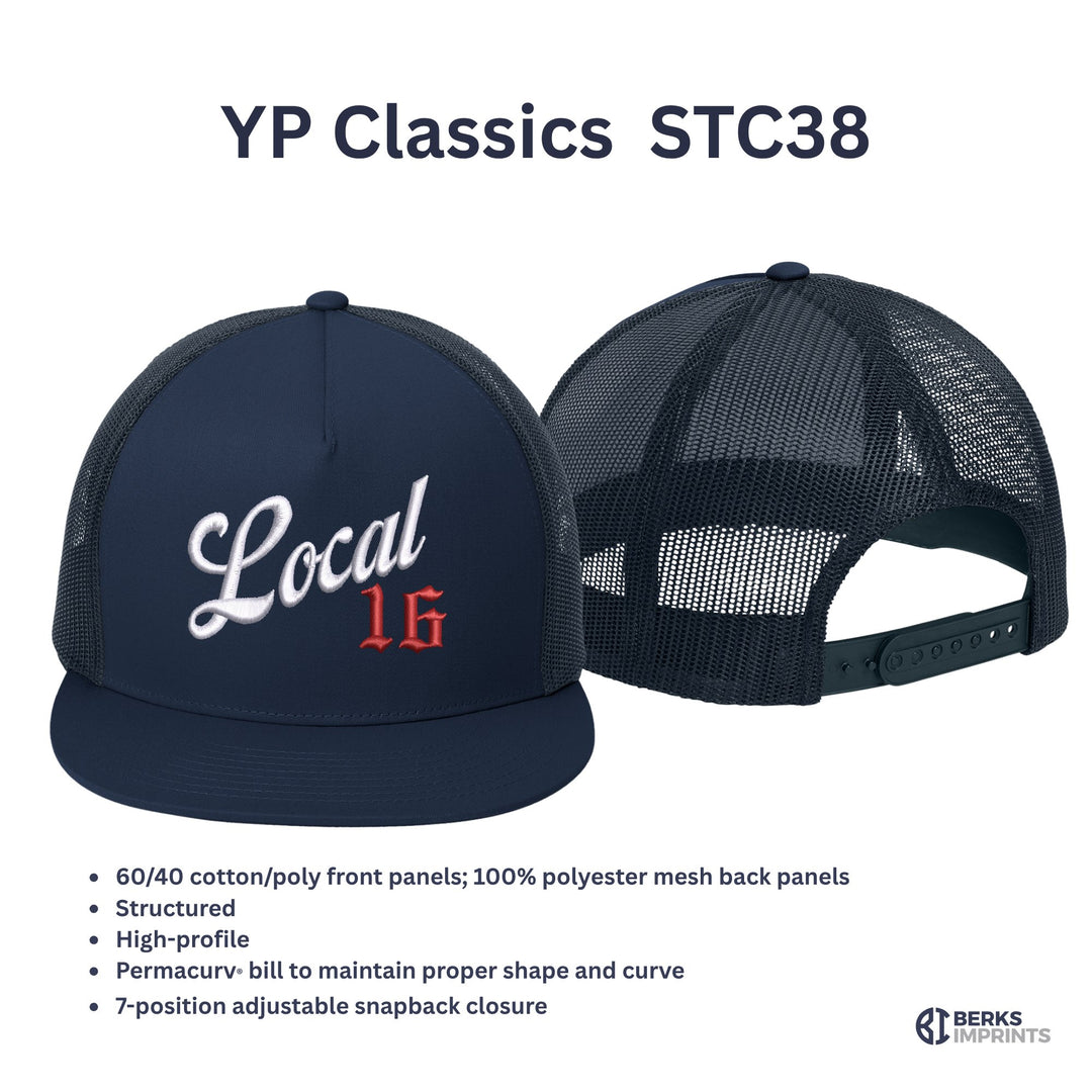 Sport-Tek YP Classics STC38 trucker cap details — 60/40 cotton-poly front, polyester mesh back, high-profile, Permacurv bill, snapback