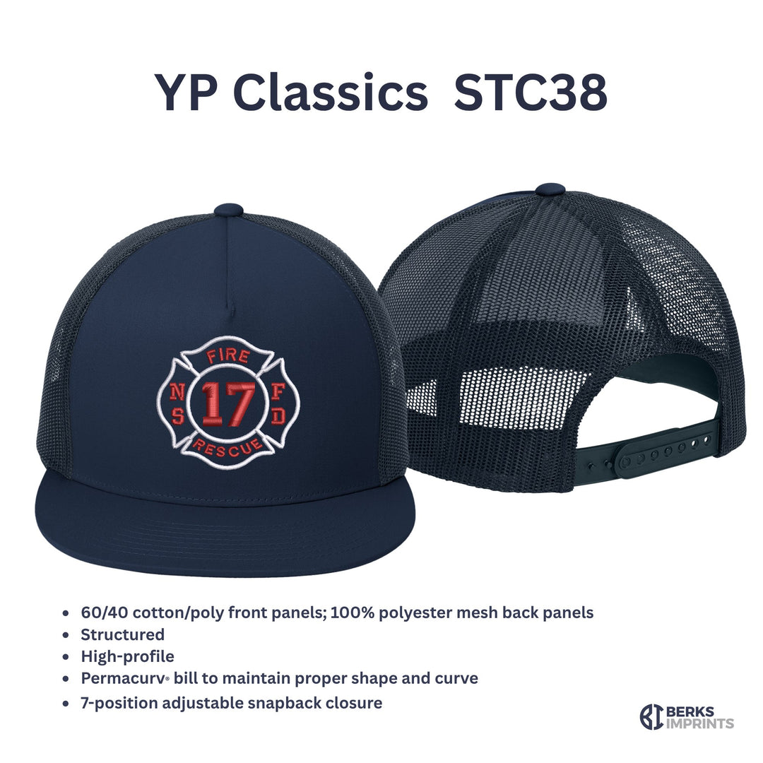 Sport-Tek YP Classics STC38 trucker cap details — 60/40 cotton-poly front, polyester mesh back, high-profile, Permacurv bill, snapback
