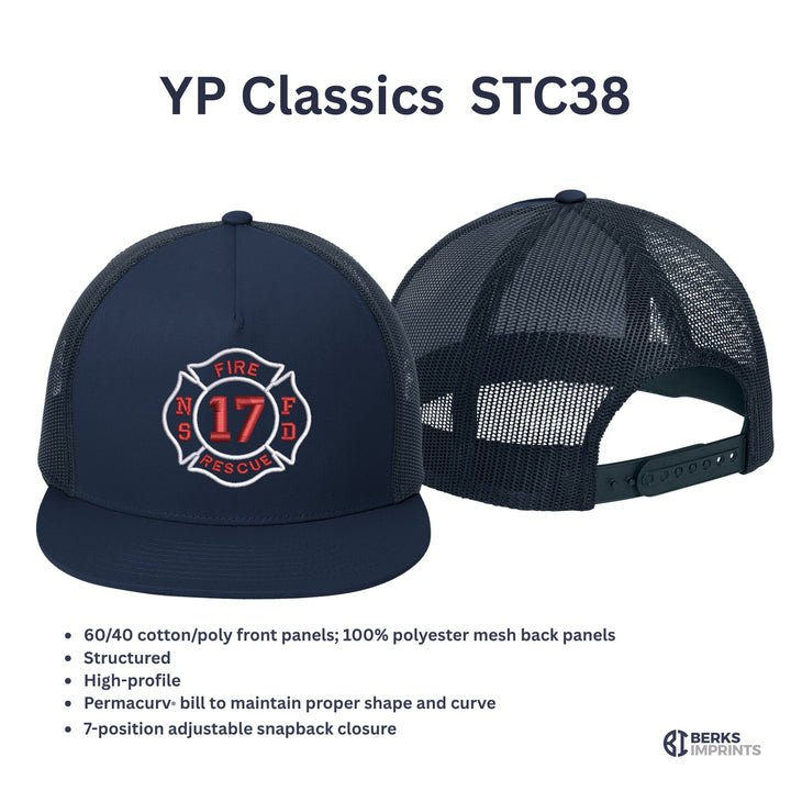 Sport-Tek YP Classics STC38 trucker cap details — 60/40 cotton-poly front, polyester mesh back, high-profile, Permacurv bill, snapback